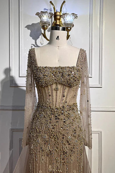 champagne nude cream skin color evening gown embellishments, formal evening dress intricate beading, glitter sparkling diamonds, square neckline, mermaid, train, old-money classy elegant dubai style, saudi arabic, long sleeves, saint laurent prom, wedding guest, bridesmaid, mother of the bride, christmas, luxury, celebrity, expensive cheap, vintage, real photos, high-end, choose one, viral, where to buy, 2026 shop, red carpet silk shein Prada Versace Cocktail applique quality mesh see-through Christian Dior