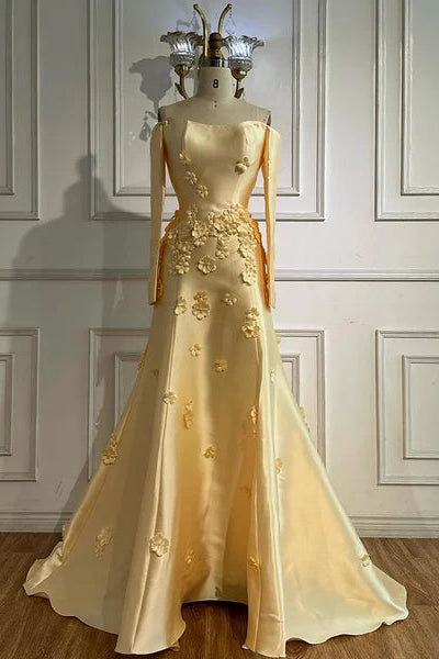 Yellow evening gown floral embellishments, formal evening dress intricate beading, powder baby yellow, trumpet bottom, glitter sparkling diamonds, straight across neckline, mermaid, train, old-money classy elegant dubai style, saudi arabic, sleeveless, saint laurent prom, wedding guest, bridesmaid, mother of the bride, christmas, luxury, celebrity, expensive cheap, vintage, real photos, high-end, choose one, viral, where to buy, now, shop, red carpet, long sleeves silk shein Prada Versace Cocktail applique 