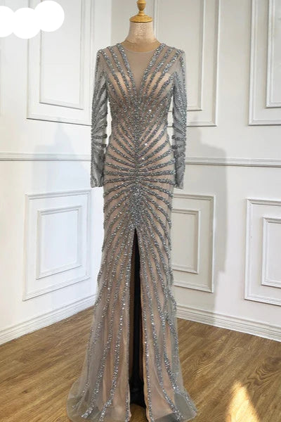 silver evening gown floral embellishments, formal evening dress intricate beading, powder baby grey trumpet bottom, glitter sparkling diamonds, straight across neckline, mermaid, train, old-money classy elegant dubai style, saudi arabic, sleeveless, saint laurent prom, wedding guest, bridesmaid, mother of the bride, christmas, luxury, celebrity, expensive cheap, vintage, real photos, high-end, choose one, viral, where to buy, now, shop, red carpet, long sleeves silk shein cocochanel stripes Cocktail prada