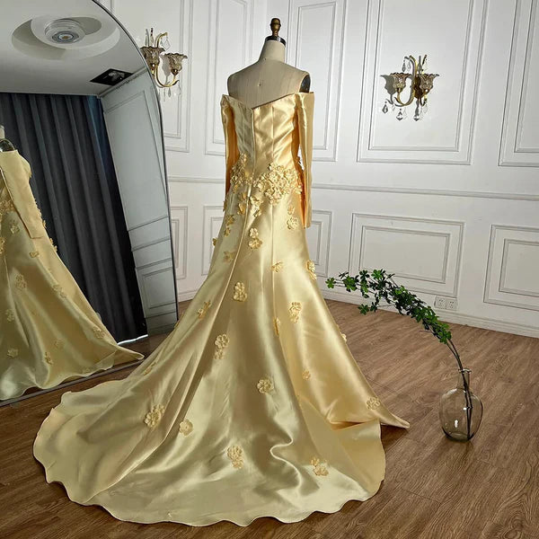 Yellow evening gown floral embellishments, formal evening dress intricate beading, powder baby yellow, trumpet bottom, glitter sparkling diamonds, straight across neckline, mermaid, train, old-money classy elegant dubai style, saudi arabic, sleeveless, saint laurent prom, wedding guest, bridesmaid, mother of the bride, christmas, luxury, celebrity, expensive cheap, vintage, real photos, high-end, choose one, viral, where to buy, now, shop, red carpet, long sleeves silk shein Prada Versace Cocktail applique 
