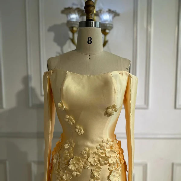 Yellow evening gown floral embellishments, formal evening dress intricate beading, powder baby yellow, trumpet bottom, glitter sparkling diamonds, straight across neckline, mermaid, train, old-money classy elegant dubai style, saudi arabic, sleeveless, saint laurent prom, wedding guest, bridesmaid, mother of the bride, christmas, luxury, celebrity, expensive cheap, vintage, real photos, high-end, choose one, viral, where to buy, now, shop, red carpet, long sleeves silk shein Prada Versace Cocktail applique 