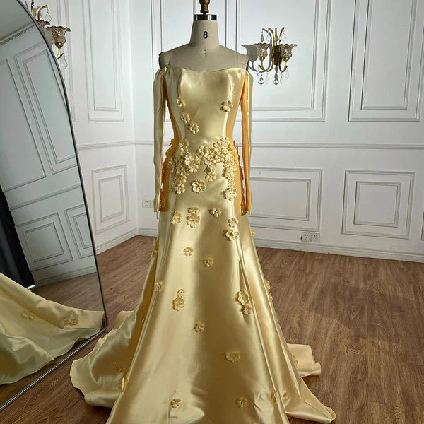 Yellow evening gown floral embellishments, formal evening dress intricate beading, powder baby yellow, trumpet bottom, glitter sparkling diamonds, straight across neckline, mermaid, train, old-money classy elegant dubai style, saudi arabic, sleeveless, saint laurent prom, wedding guest, bridesmaid, mother of the bride, christmas, luxury, celebrity, expensive cheap, vintage, real photos, high-end, choose one, viral, where to buy, now, shop, red carpet, long sleeves silk shein Prada Versace Cocktail applique 