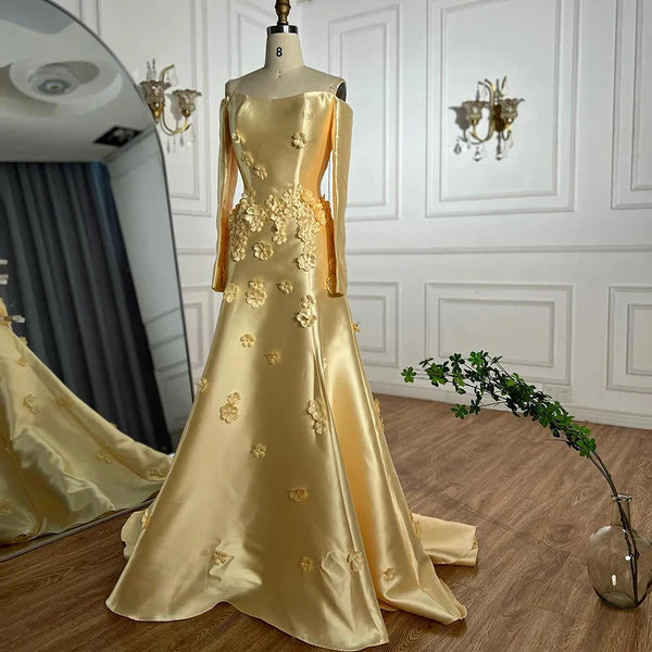 Yellow evening gown floral embellishments, formal evening dress intricate beading, powder baby yellow, trumpet bottom, glitter sparkling diamonds, straight across neckline, mermaid, train, old-money classy elegant dubai style, saudi arabic, sleeveless, saint laurent prom, wedding guest, bridesmaid, mother of the bride, christmas, luxury, celebrity, expensive cheap, vintage, real photos, high-end, choose one, viral, where to buy, now, shop, red carpet, long sleeves silk shein Prada Versace Cocktail applique 