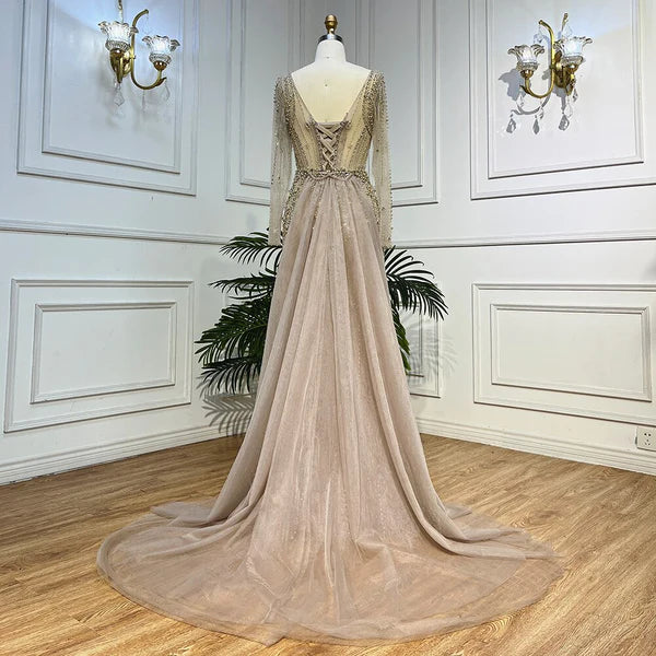 champagne nude cream skin color evening gown embellishments, formal evening dress intricate beading, glitter sparkling diamonds, square neckline, mermaid, train, old-money classy elegant dubai style, saudi arabic, long sleeves, saint laurent prom, wedding guest, bridesmaid, mother of the bride, christmas, luxury, celebrity, expensive cheap, vintage, real photos, high-end, choose one, viral, where to buy, 2026 shop, red carpet silk shein Prada Versace Cocktail applique quality mesh see-through Christian Dior