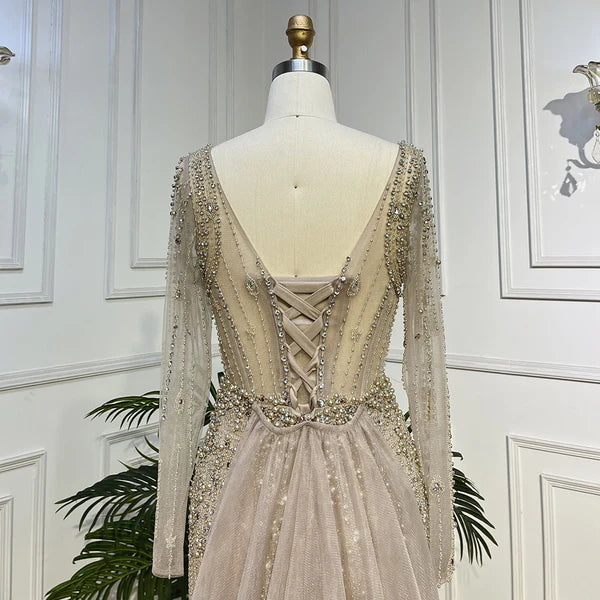 champagne nude cream skin color evening gown embellishments, formal evening dress intricate beading, glitter sparkling diamonds, square neckline, mermaid, train, old-money classy elegant dubai style, saudi arabic, long sleeves, saint laurent prom, wedding guest, bridesmaid, mother of the bride, christmas, luxury, celebrity, expensive cheap, vintage, real photos, high-end, choose one, viral, where to buy, 2026 shop, red carpet silk shein Prada Lace-up Cocktail applique quality mesh see-through Christian Dior