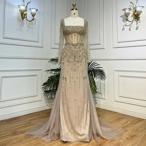 champagne nude cream skin color evening gown embellishments, formal evening dress intricate beading, glitter sparkling diamonds, square neckline, mermaid, train, old-money classy elegant dubai style, saudi arabic, long sleeves, saint laurent prom, wedding guest, bridesmaid, mother of the bride, christmas, luxury, celebrity, expensive cheap, vintage, real photos, high-end, choose one, viral, where to buy, 2026 shop, red carpet silk shein Prada Titanic Cocktail applique quality mesh see-through Christian Dior