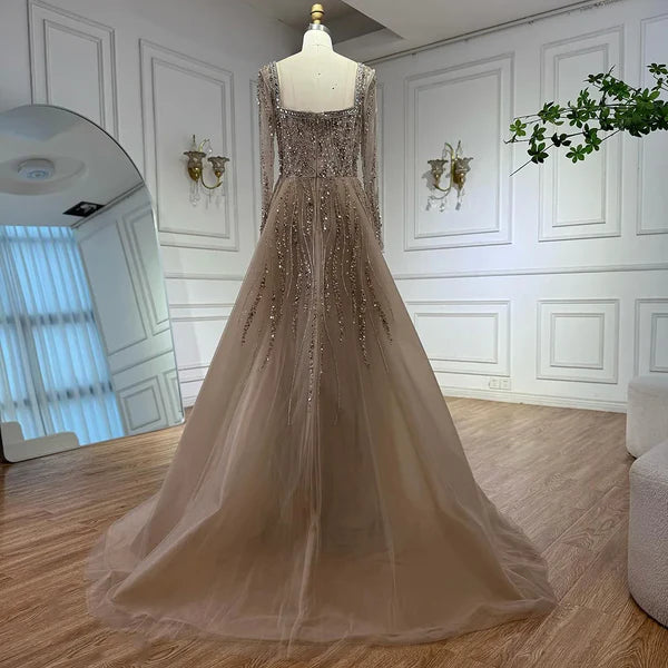 champagne nude cream skin color evening gown embellishments, formal evening dress intricate beading, glitter sparkling diamonds, square neckline, mermaid, train, old-money classy elegant dubai style, saudi arabic, long sleeves, saint laurent prom, wedding guest, bridesmaid, mother of the bride, christmas, luxury, celebrity, expensive cheap, vintage, real photos, high-end, choose one, viral, where to buy, 2026 shop, red carpet silk shein Prada Versace Cocktail applique quality mesh see-through Christian Dior