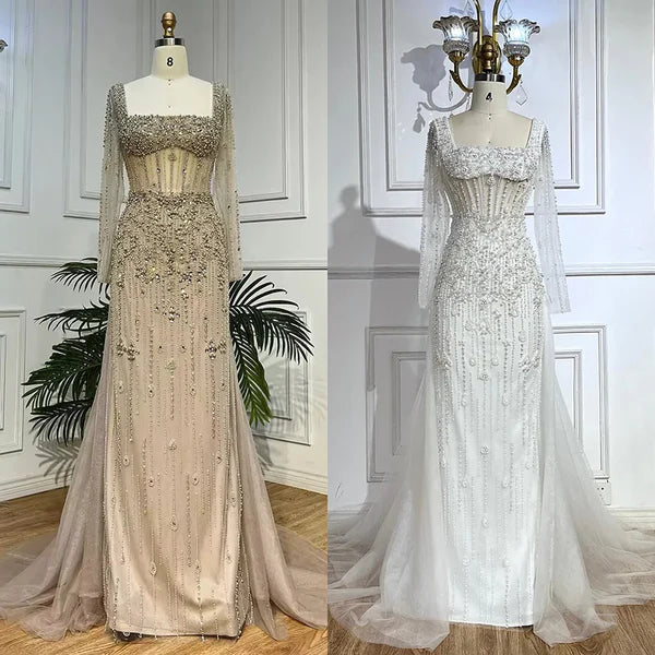 champagne nude cream skin white evening gown embellishments, formal evening dress intricate beading, glitter sparkling diamonds, square neckline, mermaid, train, old-money classy elegant dubai style, saudi arabic, long sleeves, saint laurent prom, wedding guest, bridesmaid, mother of the bride, christmas, luxury, celebrity, expensive cheap, vintage, real photos, high-end, choose one, viral, where to buy, 2026 shop, red carpet silk shein Prada Versace Cocktail applique quality mesh see-through Christian Dior