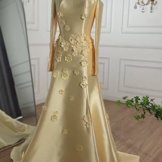 Yellow evening gown floral embellishments, formal evening dress intricate beading, powder baby yellow, trumpet bottom, glitter sparkling diamonds, straight across neckline, mermaid, train, old-money classy elegant dubai style, saudi arabic, sleeveless, saint laurent prom, wedding guest, bridesmaid, mother of the bride, christmas, luxury, celebrity, expensive cheap, vintage, real photos, high-end, choose one, viral, where to buy, now, shop, red carpet, long sleeves silk shein Prada Versace Cocktail applique 