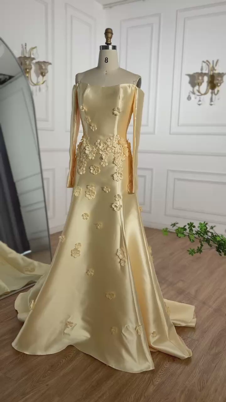 Yellow evening gown floral embellishments, formal evening dress intricate beading, powder baby yellow, trumpet bottom, glitter sparkling diamonds, straight across neckline, mermaid, train, old-money classy elegant dubai style, saudi arabic, sleeveless, saint laurent prom, wedding guest, bridesmaid, mother of the bride, christmas, luxury, celebrity, expensive cheap, vintage, real photos, high-end, choose one, viral, where to buy, now, shop, red carpet, long sleeves silk shein Prada Versace Cocktail applique 