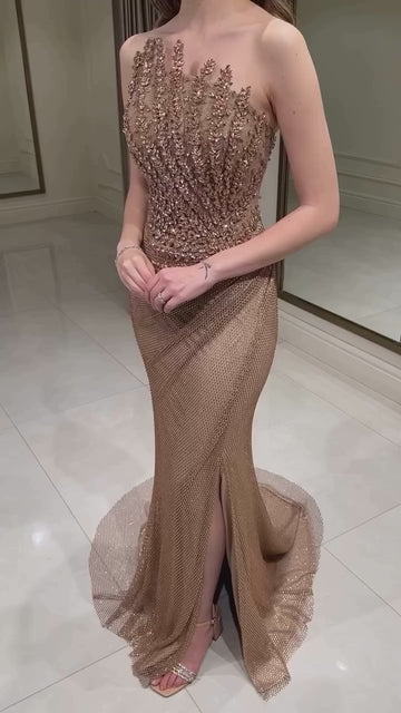 intricate beading, beige, champagne, cream, nude, skin beaded evening gown with a high slit, glitter sparkling diamonds, straight across, mermaid, train, old-money classy elegant dubai style, saudi arabic, sleeveless, elliesaab, prom, wedding guest, bridesmaid, mother of the bride, christmas, luxury, celebrity, expensive cheap, vintage, real photos, high-end, chooseone, viral, where to buy, now, shop, store, miss universe, best, number one top, glamorous, sexy, simple, haul, shein, give me jane lee dress